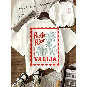 Women's Casual Round Neck Short Sleeve T-Shirt With Seaside Palm Tree, Coconut Tree Graphic Print, Spring And Summer Vacation Fabric Crewneck