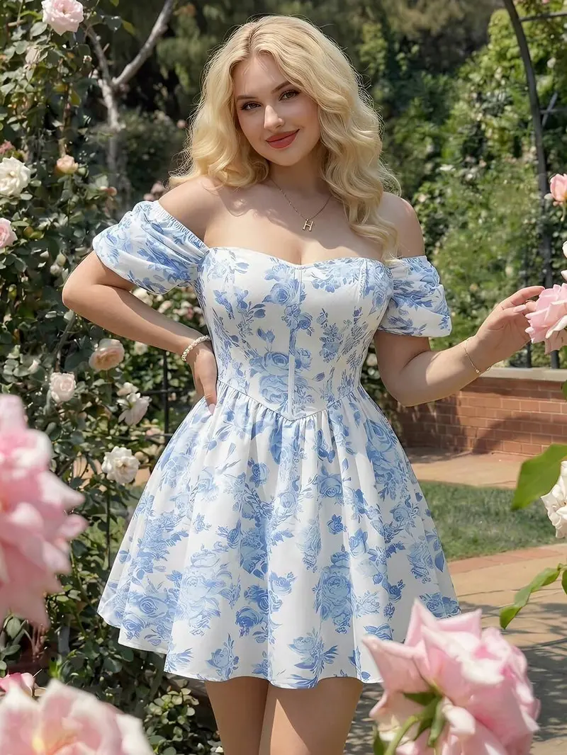 blue milkmaid mini dress Lace Flutter Sleeve Embroidered Mesh A Line Maxi Dress - Blue