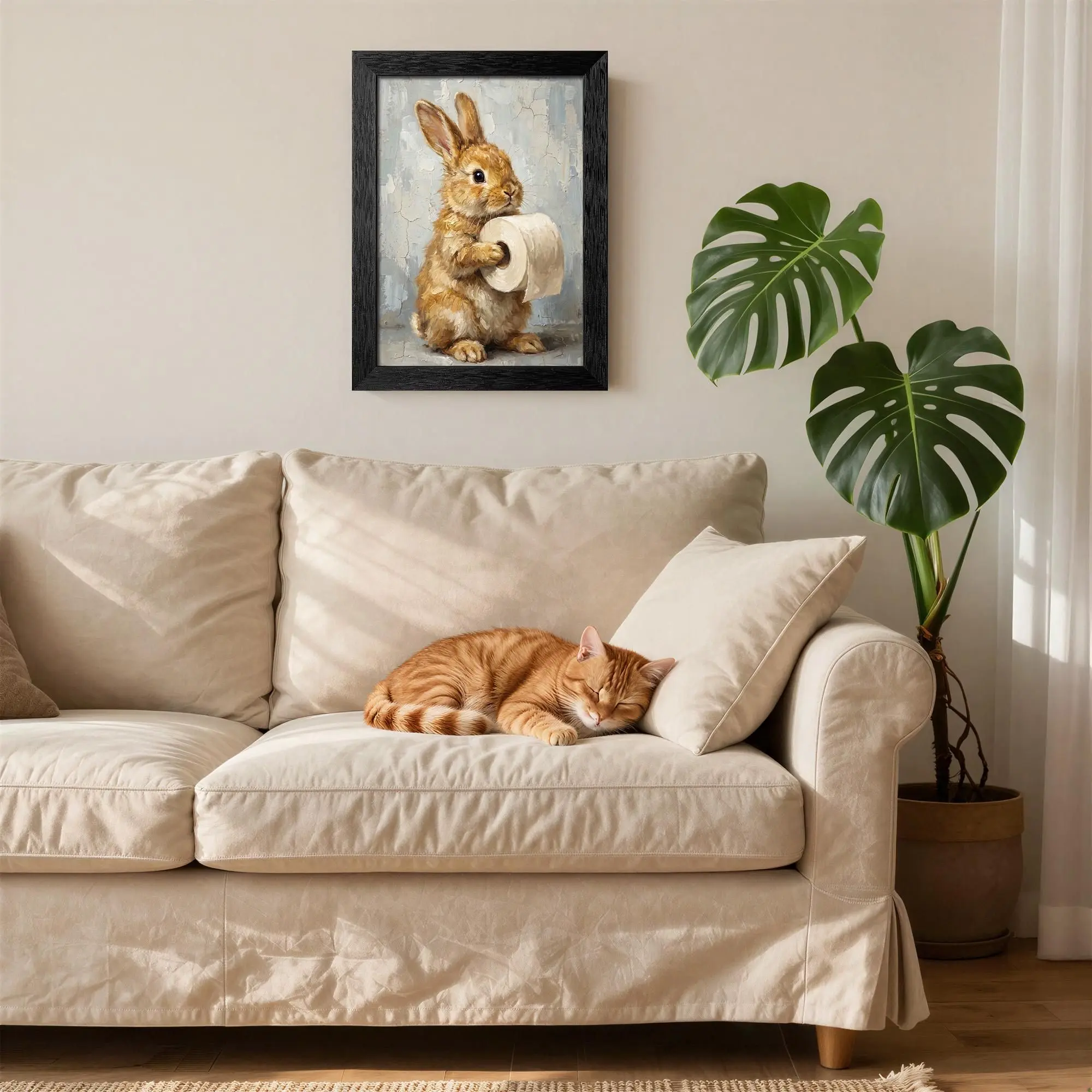 [SALE UP TO 40%] [Unframed] Vintage Funny Easter Bunny Print – A Cute Brown Rabbit Holding Toilet Paper – Bathroom Antique Romantic Victorian Painting – Easter Rabbit