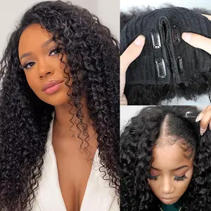 [New In ! V Part Wig] Bling Hair 28 30 Inch  Deep Wave V Part Human Hair Wig No Sew In No Glue Natural Color Curly Drawstring Glueless Wig For Black Women