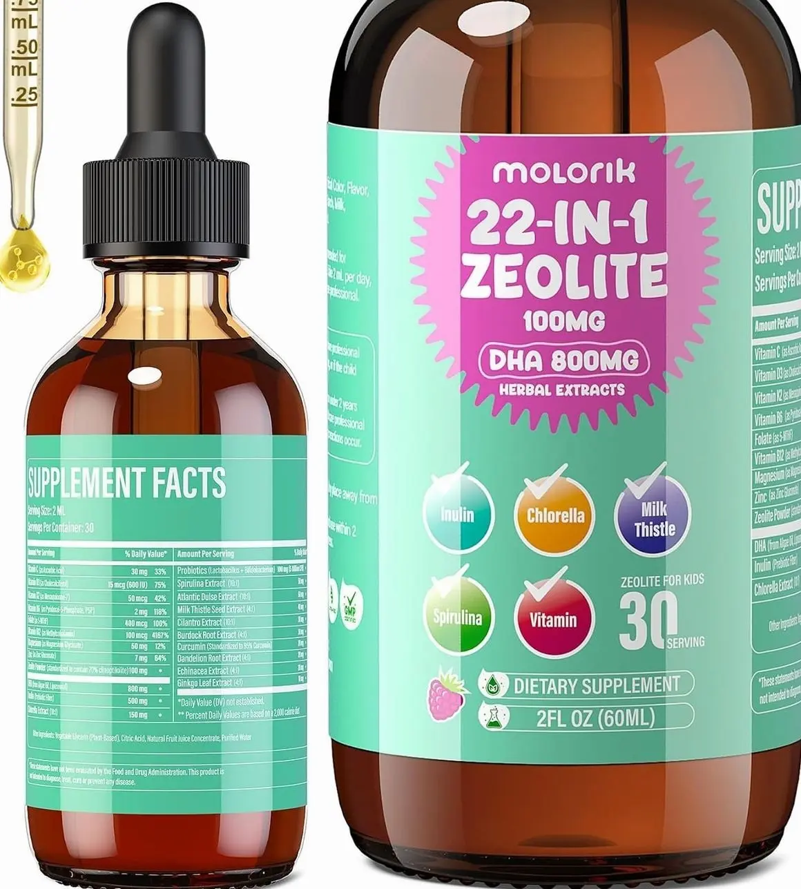 Zeolite Detox for Kids and Adults, Herbal Detox with 800mg DHA, 500mg Inulin, Probiotics & Vitamin B12, D3, C, B6, Cilantro Extract Cleanse to Support Brain, Immune, Gut, Energy, Berry Flavor, 60ML
