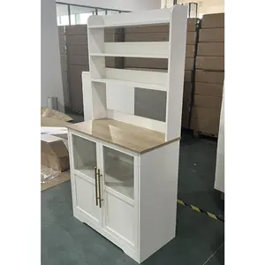 GARVEE Bakers Rack with Power Outlets, Freestanding Small Kitchen Pantry Cabinet with Doors and Hutch, 5-Tier Farmhouse Microwave Stand Coffee Bar Kitchen Cabinet with Storage, White & Wood