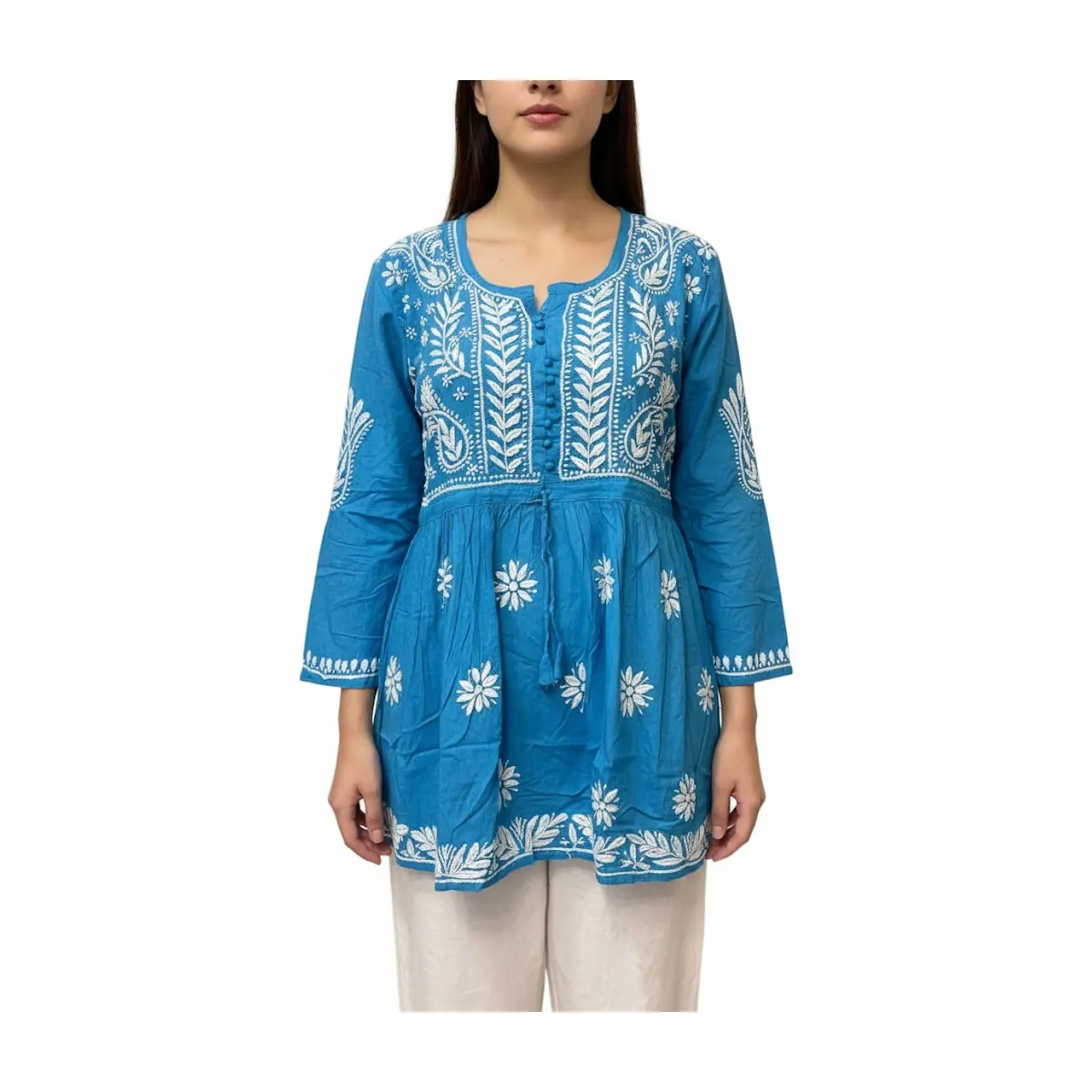 #Top-81 Elegant Blue Chikankari Embroidered Peplum Top