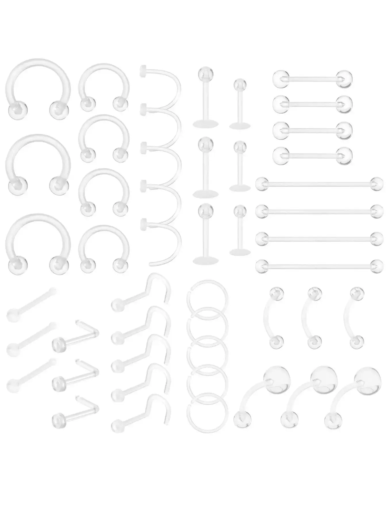 Transparent Body Piercing Kit, 48pcs/set Clear Plastic Nose Ring, Lip Ring, Earring, Navel Ring, Belly Button Piercing, Eyebrow Studs, Body Piercing Jewelry for Women & Men, Nose Piercings Kit, Piercing Party Pack