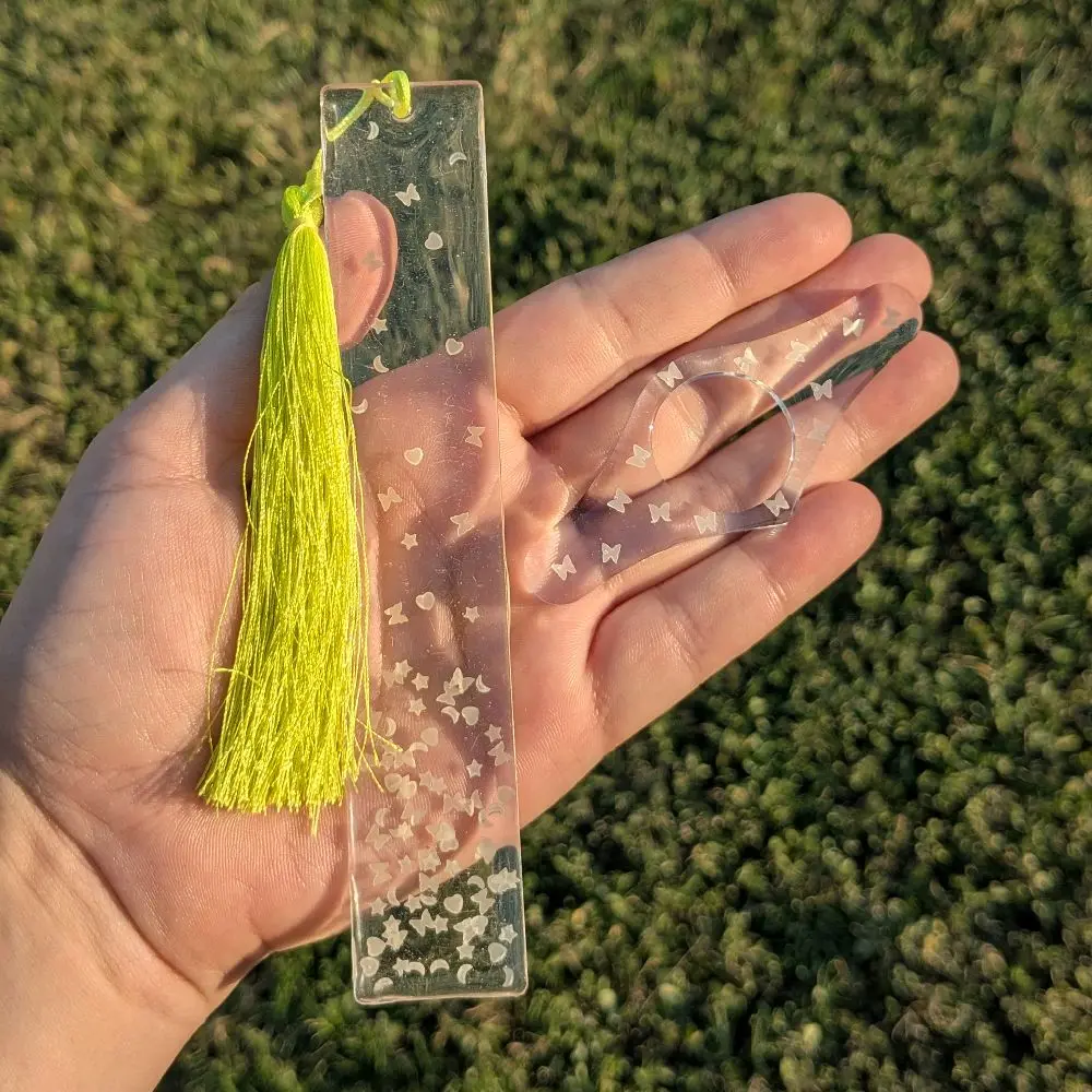 Glow in the Dark Bookmark and Book Holder Set with Green Tassel - Clear Design Featuring Stars and Butterflies