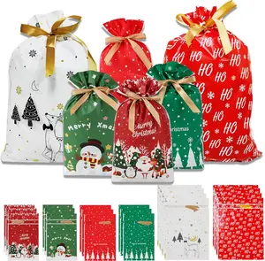 20 Drawstring  Bags for Christmas Presents,  Grade  Bags for Candies Cookies, Wrapping Packs Assorted Sizes for Xmas Gifts, 6 Different Christmas Theme Patterns