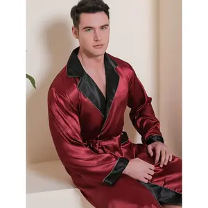 New Men's Comfortable Soft Elegant Color-Matching Nightgown with Multiple Pockets, Long Sleeves, Long Style, One Piece Set with Belt, Slim Fit, Thin Style, Can Be Worn Outside