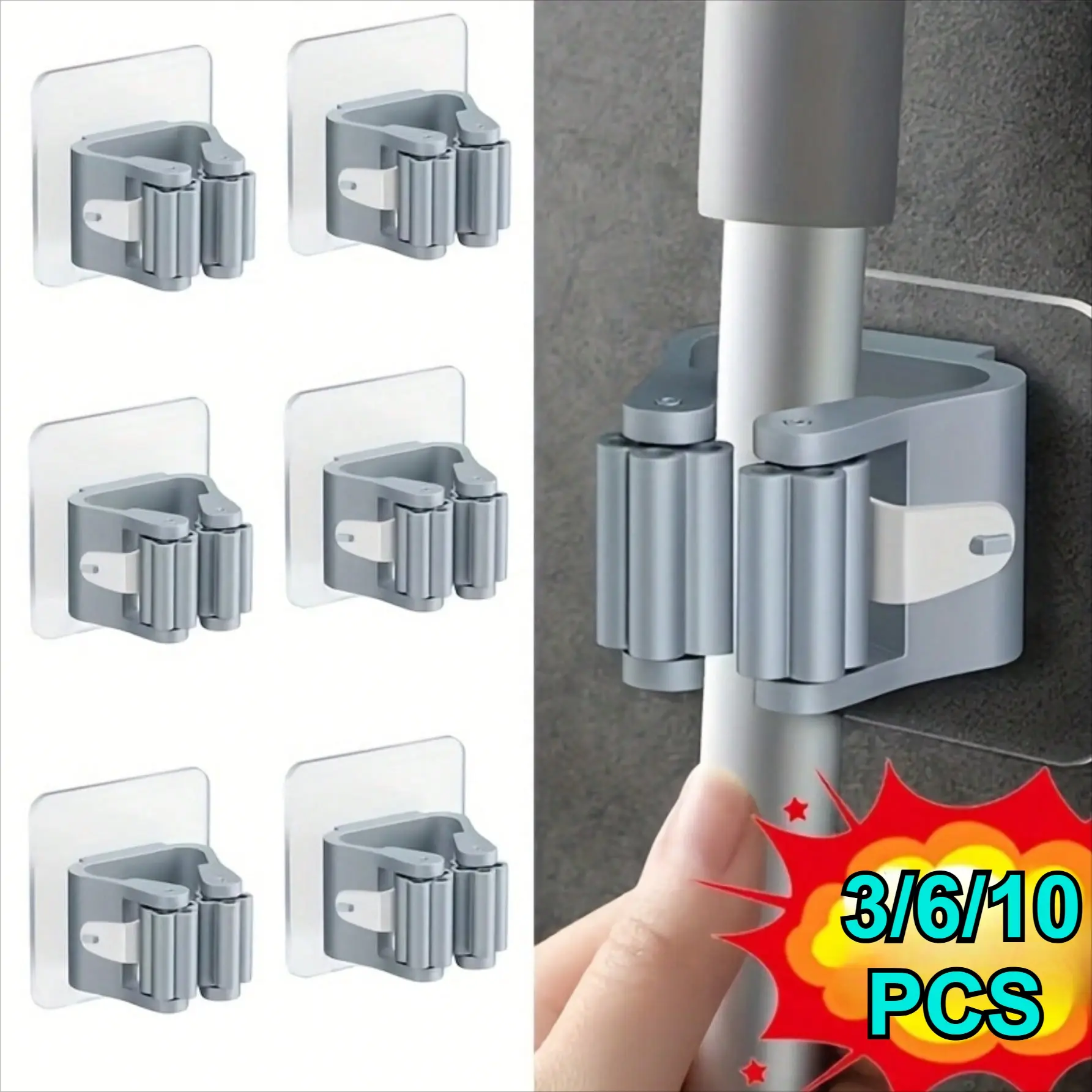 3/6Pcs modern non drilling wall mounted mop and broom holder, Wall Mounted Organizer, Bathroom Organizing Accessories, heavy-duty plastic storage hook with suction cup, easy to install in kitchen and bathroom, design, practical hook