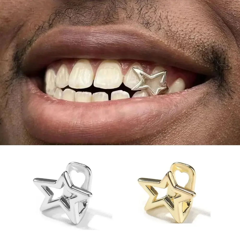 Irregular Hollow Pentagram Star Teeth Grillz Hip Hop Gold Silver Color Tooth Caps For Women Men Jewelry Halloween