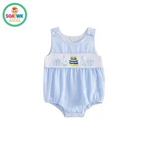 Baby Boys Bubble Rompers Birthday Outfits Party Hat Cake Embroidered Plaid Crew Neck Sleeveless Infant Bodysuits Jumpsuits