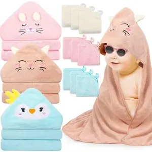L-NG017 12 PCS Hooded Baby Towels, Soft Baby Towels, Absorbent Baby Bath Towels, 3 PCS Baby Towels, and 9 PCS Baby Washcloths for Newborns, Toddlers, and Kids, 32x32 in Baby Towels with Hood for Boy and Girl