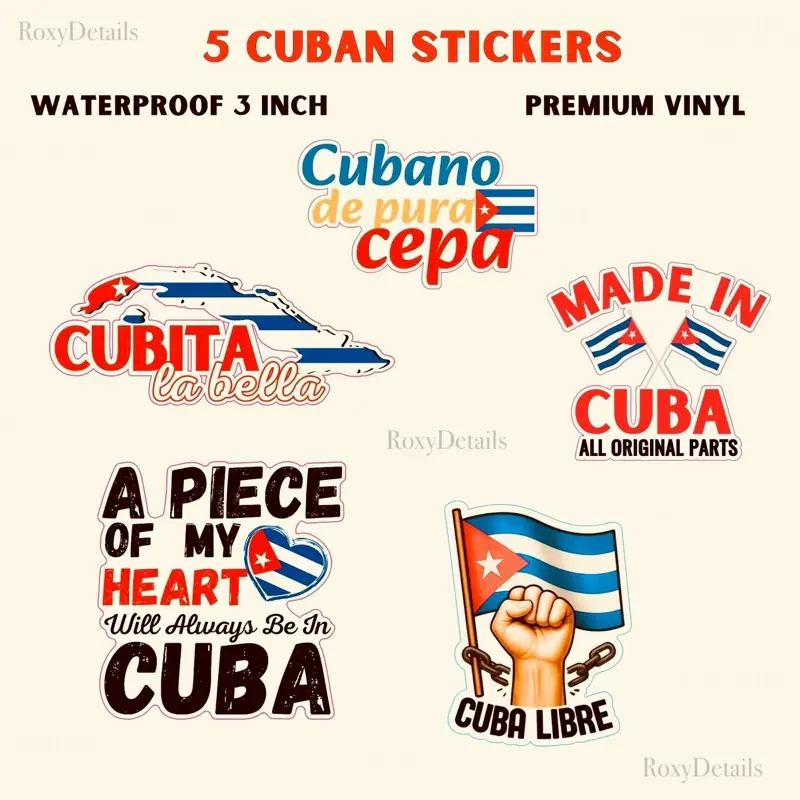 Vibrant Cuban Pride Stickers - 5-Pack, 3 inches, Waterproof, Durable, Long-Lasting Color (DIY Scrapbooking & Stamping Supplies)