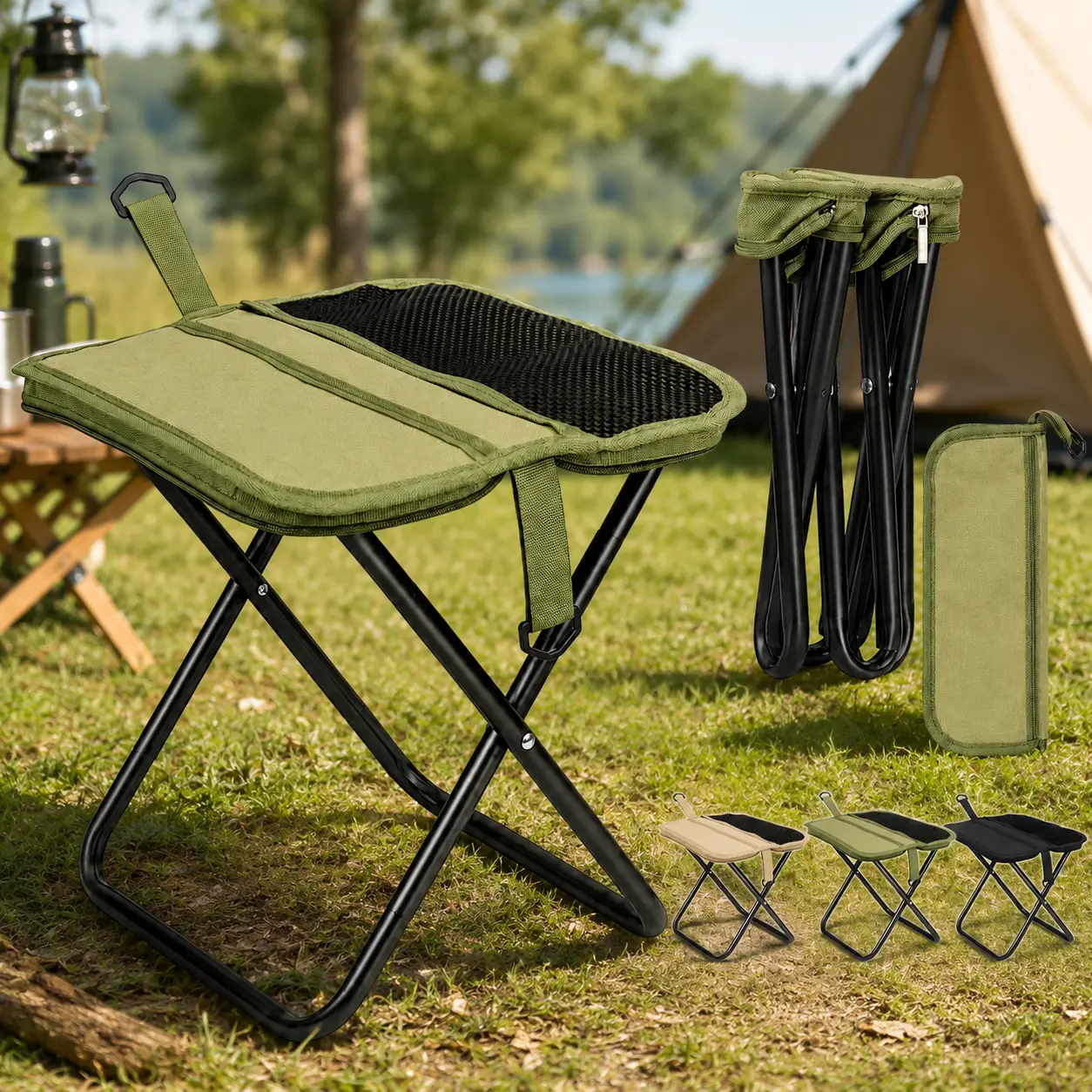 Portable Folding Stool with Breathable Mesh Seat, Compact Collapsible Travel Seat with Carry Pouch, Quick-Fold Lightweight Stool for Camping, Fishing and Outdoor Activities