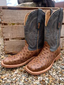 Corral Men's Blue and Orix Brown Full Quill Ostrich Square Toe Cowboy Boots A4052