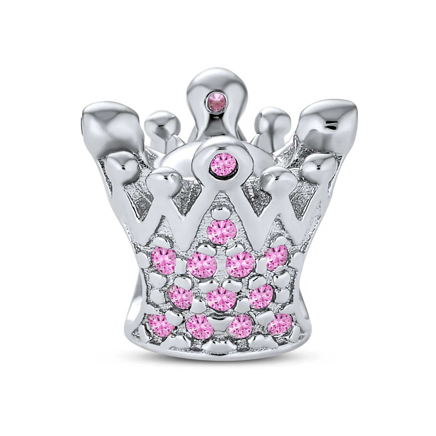 .925 Sterling Silver Princess Queen Crown Royalty Pink Fuchsia Crystal Bead Charm Bead for Bracelet