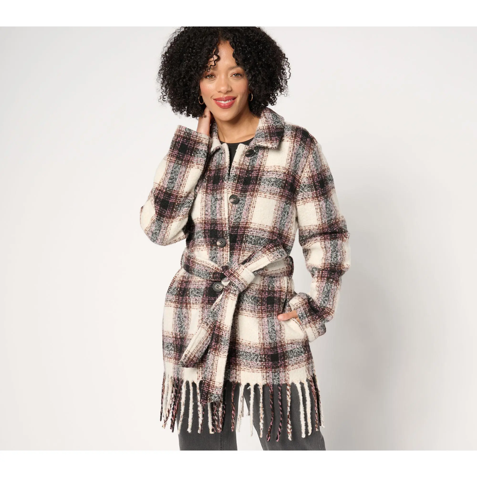 Belle by Kim Gravel Mad for Plaid Fringe Belted Boucle Shacket