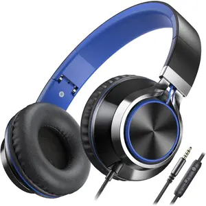 C8  Headphones Wired, -Ear Headphones with Microphone and Volume Control Foldable Corded Stereo 3.5mm Headset for School Teens Smartphones Chromebook Laptop Tablets Travel (Black Blue)