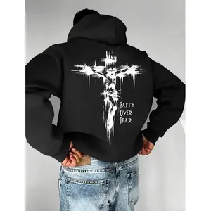 Cross Graphic, Back Crucifixion - Themed Graphic & "FAITH OVER FEAR" Lettering, 70% Cotton Breathable Apparel Suitable For Men, Women, Christians, Religious Enthusiasts, Spiritual Seekers, Streetwear Lovers, Perfect For Church Events, Casual Daily Wear