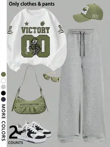 Women's Drop Shoulder Hoodie with Drawstring, Loose Fit Wide Leg Pants Set, Letter and Cartoon Tiger Print, Casual Spring & Fall