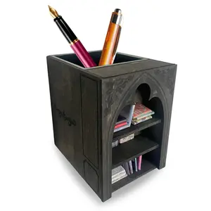 Fantasy Mini Bookshelf Desk Organizer Pen Holder Cup Black Wood with Engraving Tiny Books Custom Name Gift for Bookish Dreamers
