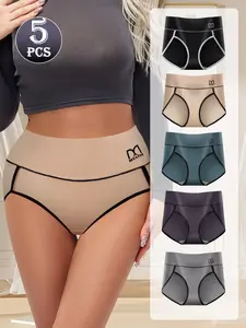 QUASTI 5PCS High Waisted Cotton Underwear for Women, Skin Friendly & Comfortable, Breathable Comfy High Waist Briefs for Women, Multi Color Sets Briefs for Grils, Suitable for Daily Wear Female Intimate Underwear