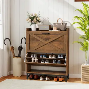 Shoe Cabinet with 2 Flip Drawers Narrow Storage Organizer for Entryway Hallway E1 Grade Board Adjustable Shelves Metal Frame Handle