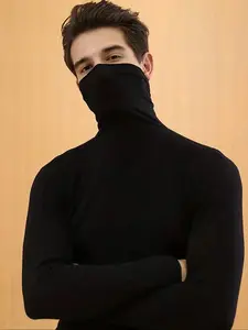 Men's Warm Solid Color Long Sleeve Shirt, Knitted Turtleneck, Casual Fall & Winter Top, Comfortable Cotton Blend, Perfect for Daily Wear