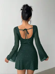 Women's Deep Sequined Backless Dress, Long Flared Sleeve Ruched Tight Fitted Mini Formal Party Festival Christmas Evening Club Gown