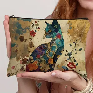 Double-sided Cat & Floral Print Makeup Bag, Stylish Travel Cosmetic Pouch with Zipper Closure, Simple and Fashionable Design, Ideal for Travel