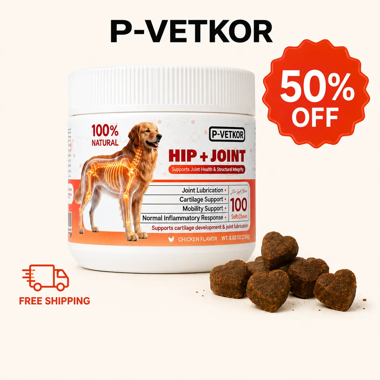 （D）#SummerWins #DealsForYouDays  P-VETKOR Advanced Dog Hip and Joint Supplement with Glucosamine,Chondroitin, Omega 3, MSM, andGreen Lipped Mussel, 60 Chicken Flavored Chews for Small，Medium And  Large  Dog Breeds