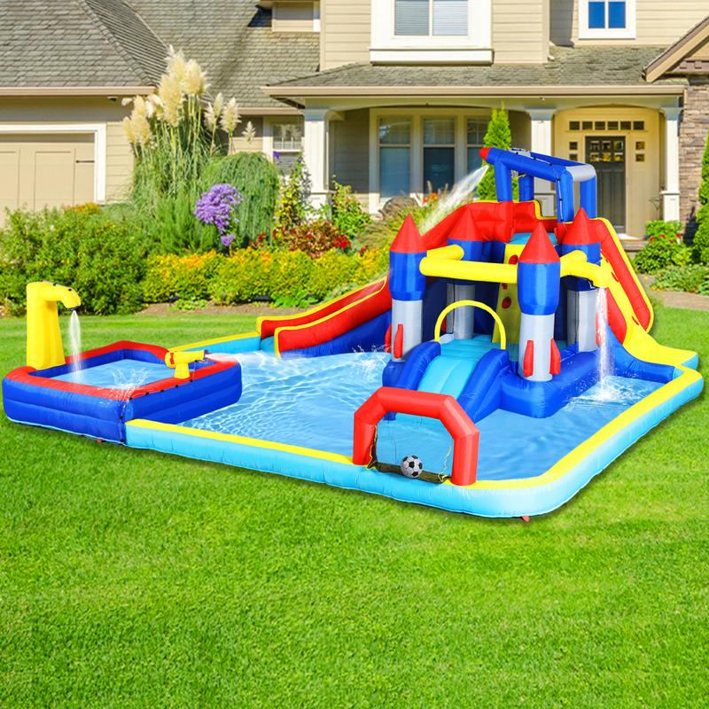Bounce House Waterslide for Kids & Adults,Inflatable Bouncer Jumper Slide,Inflatable Party Pool Slide,10 in1 Inflatable Slide Water Park  Bouncing House Garden with Splash Pool & Water Gun & Basketball & Climbing Wall & Dual Pools & Soccer