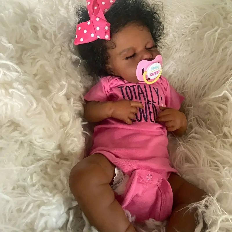 19 Inch/49CM Real Mini Size Hand Rooted Curly Hair Newborn Dolls, Dark Brown Skin, Soft Touch Handmade Dolls, Halloween/Thanksgiving Day/Christmas Gift