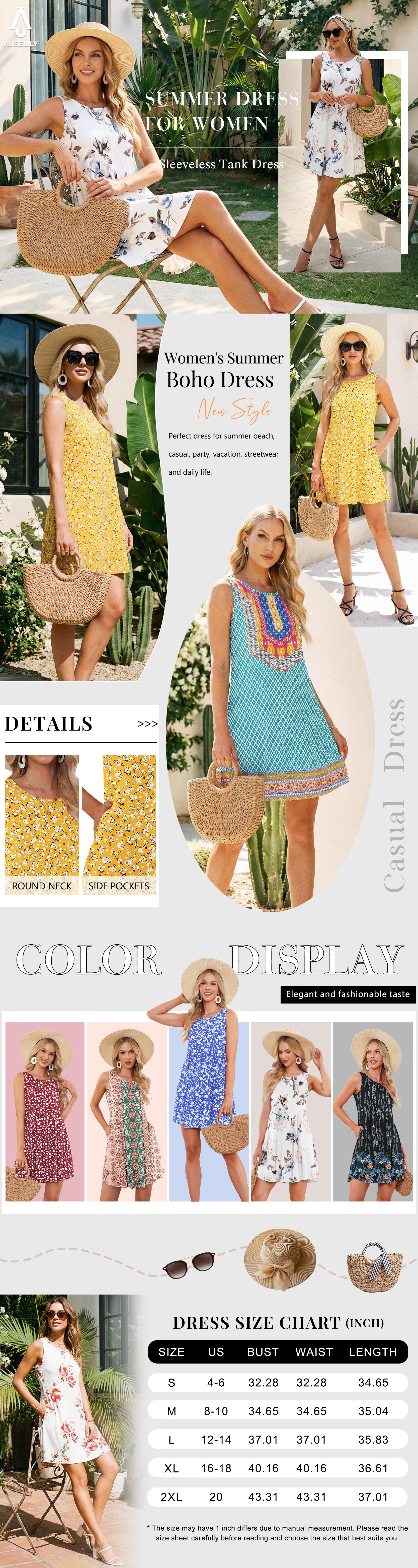 AUSELILY Women's Boho Floral Summer Dress Sleeveless Casual Beach Sundress with Pockets 2026 New Womenswear SpringStatements