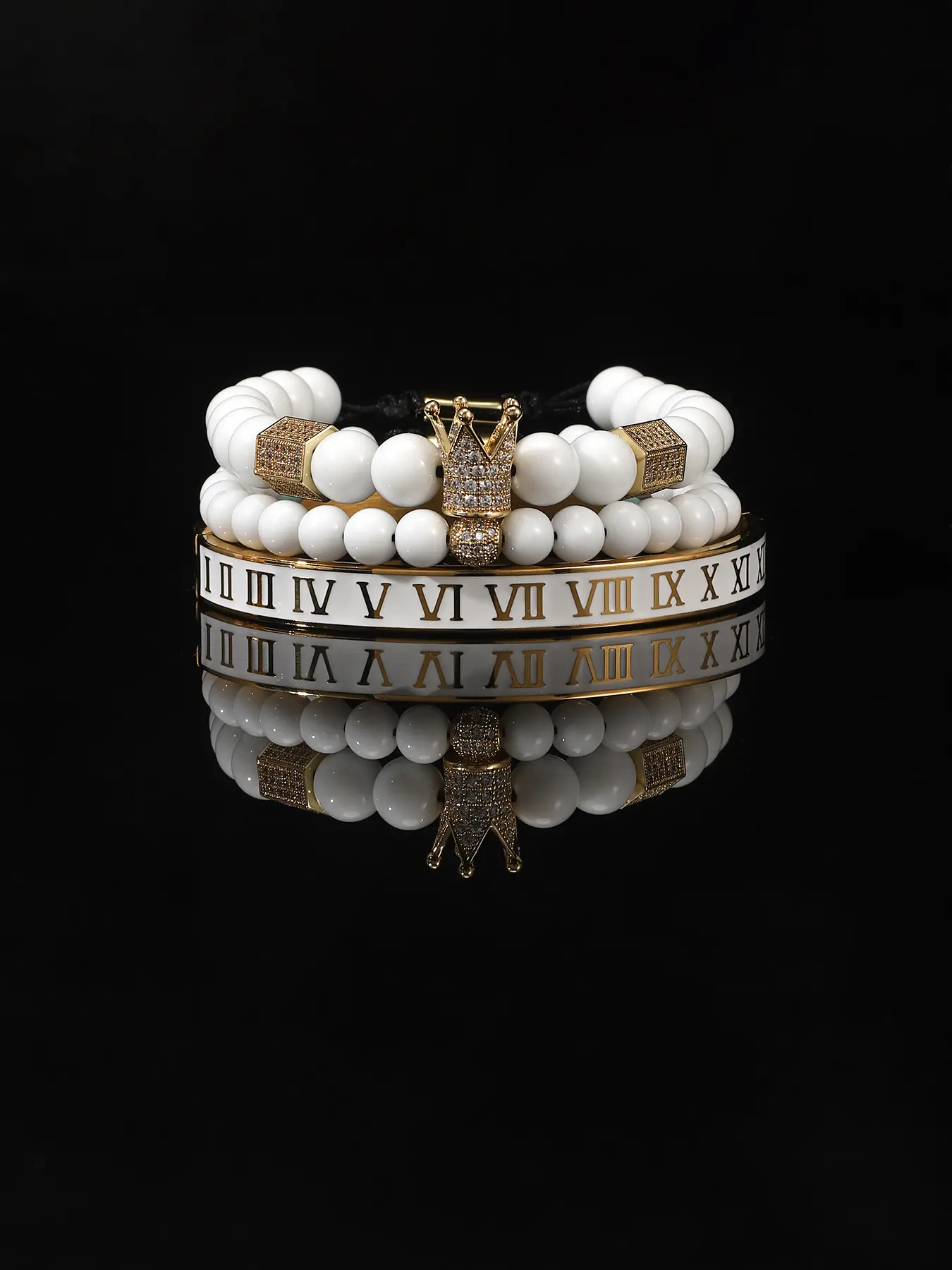 Men's 3-Pcs High-Grade White Crown Beaded Bangles Bracelets Set, Jewelry Bracelet Gift for Boyfriend or Husband, Ball Bead Bracelet