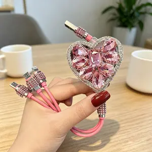 Crystal Bling Charger Cord 3-in-1 Pink Clear Heart Rhinestone Sparkle Aesthetic Phone Accessory Viral TikTok Gift for Ladies