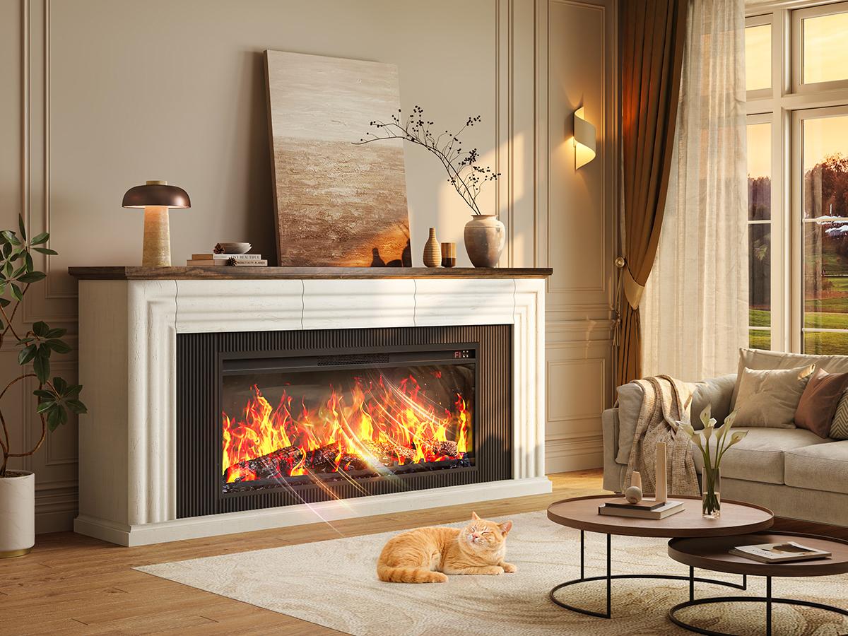 【2 Packages Shipping】PRAISUN 70'' Fireplace TV Stand with 42'' Electric Fireplace, Farmhouse TV Stand for 65 75 Inch TV, Entertainment Center TV Console with 3 Drawers, Fluted Design, for Living Room