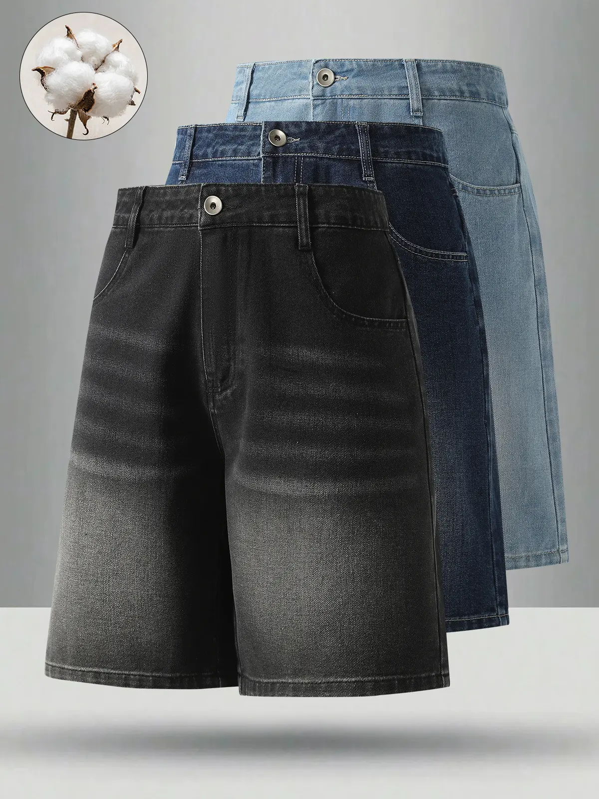 3-pack men’s summer jeans, high cotton content, minimalist versatile straight-leg classic retro mid-thigh jeans for everyday commuting and casual wear