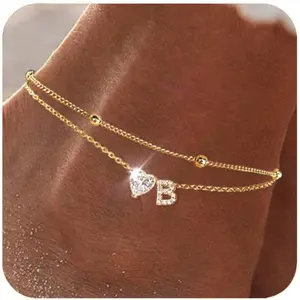 Ankle Bracelets for Women Waterproof   CZ Initial Anklet for Women Dainty Layered Letter Heart Ankle Bracelets Handmade Adjustable Foot Chain Anklet Summer Beach