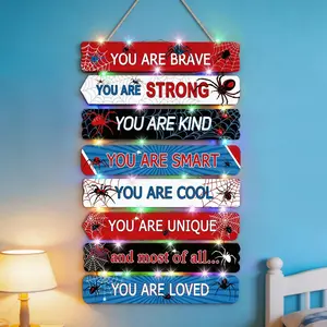 Spider Room Decor Set of 8 with LED Lights, Boys Bedroom Decor Inspirational Positive Quotes Wall Art, Motivational Wooden Hanging Signs Wall Decorations for Nursery Teens Toddler Room