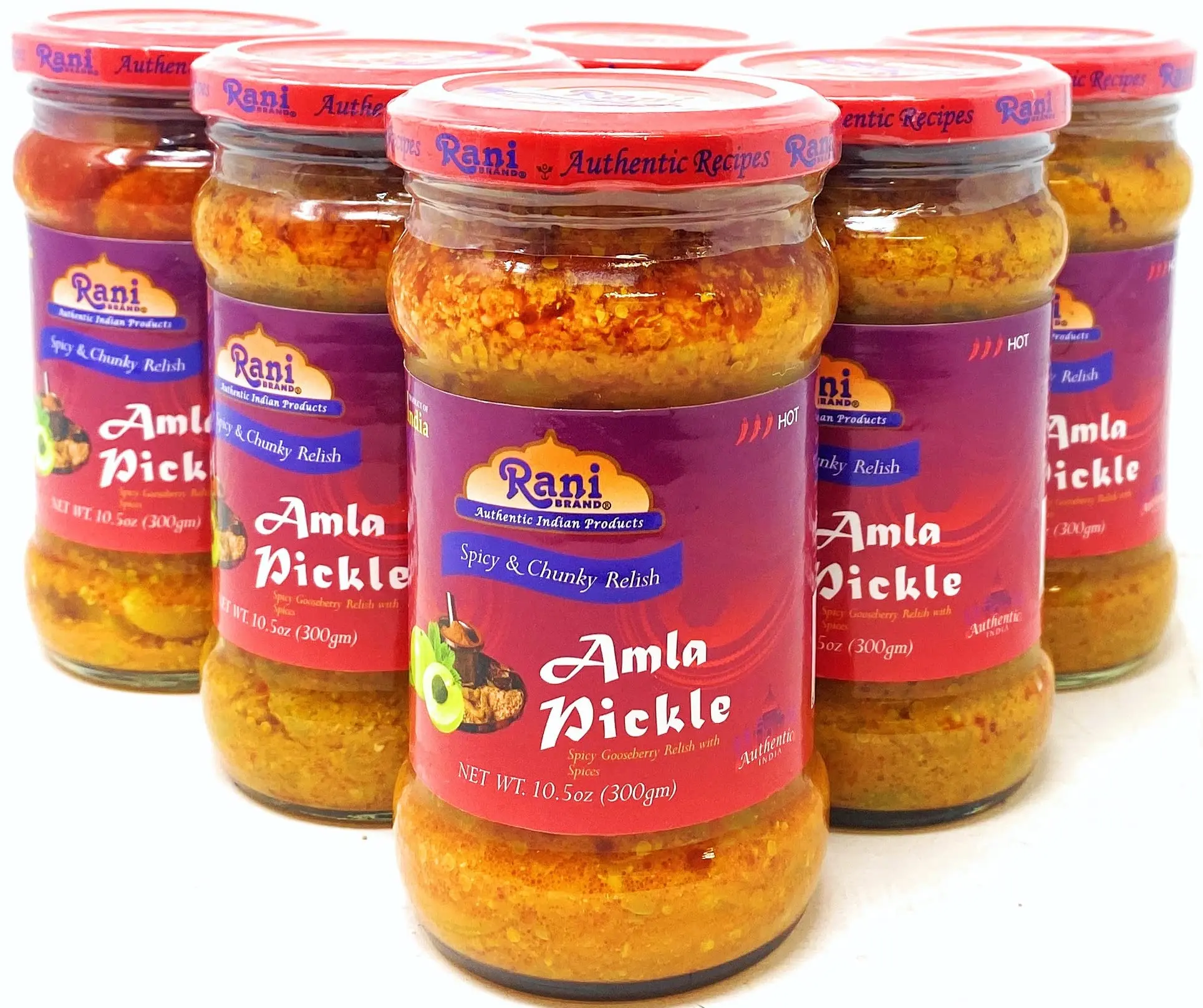 Rani Amla Pickle (Spicy Gooseberry Relish with Spices) 10.5oz (300g) Glass Jar, Pack of 5+1 FREE ~ Vegan | Gluten Free | NON-GMO | No Colors