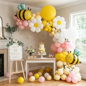 Bee Balloons Garland Arch Kit 134 pcs yellow pestal pink balloon Arch with bee daisy balloons for Baby Shower Birthday Honeybee Party Decor