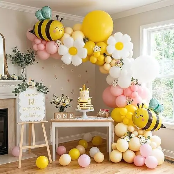 Bee Balloons Garland Arch Kit 134 pcs yellow pestal pink balloon Arch with bee daisy balloons for Baby Shower Birthday Honeybee Party Decor