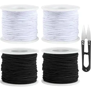 4 Rolls of Elastic Bracelet Cord - 1mm x 50m Rubber Beading Thread with Scissors for DIY Jewelry, Necklaces & Crafts (Black & White), Bracelet String