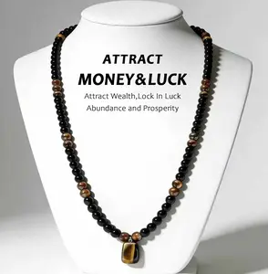 KROAFA JEWELRY wealth necklace featuring a tiger’s eye stone pendant, crafted from healing crystals and obsidian. Suitable for anniversary celebrations, vacations, and themed parties; combines jewelry charm with abundant crystal energy—an ideal gift.