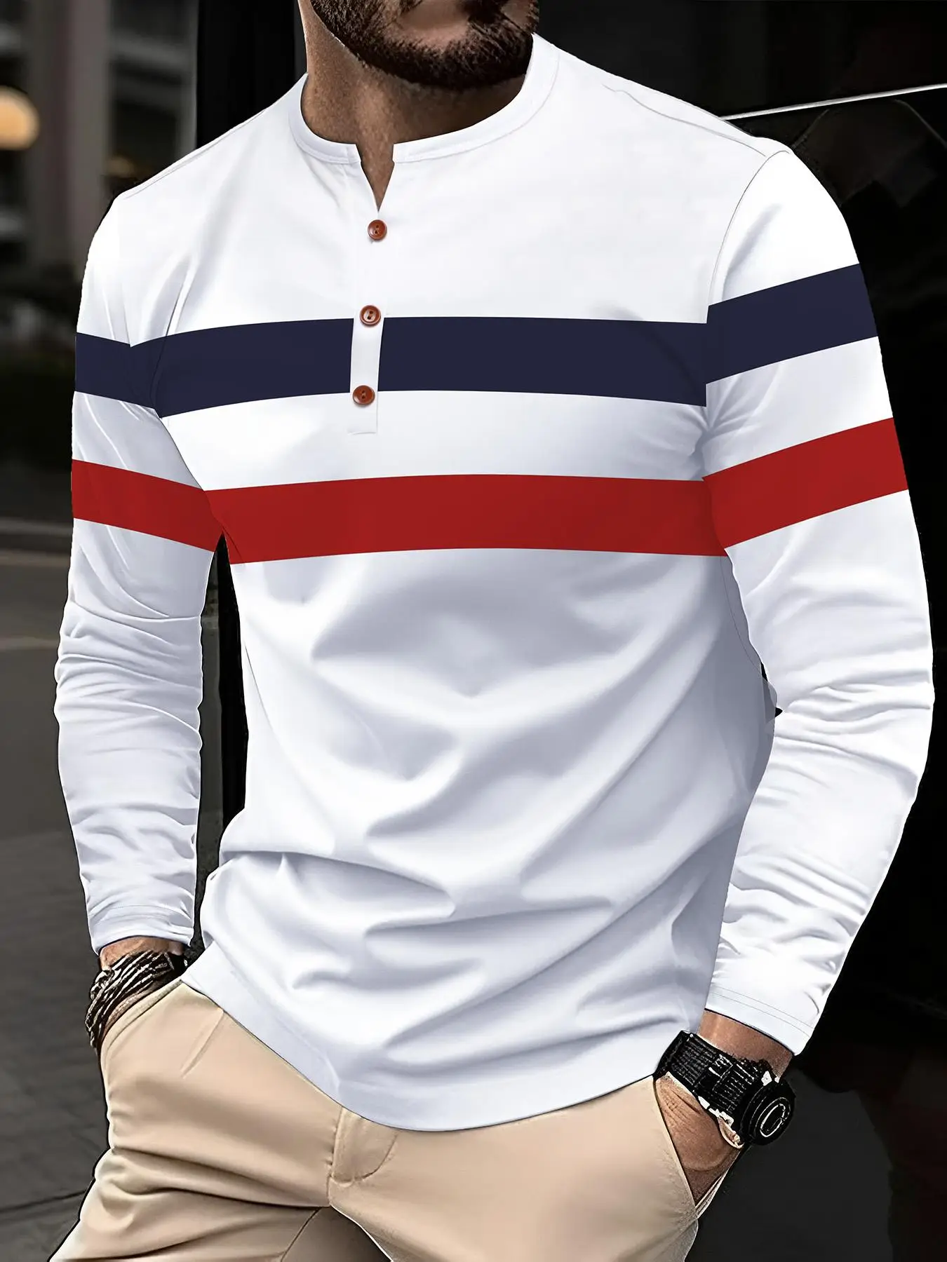 Men's Colorblock Print Button Front Half Placket Shirt, Regular Fit Casual Long Sleeve Round Neck Top for Fall & Winter, Men's Clothes for Daily Wear