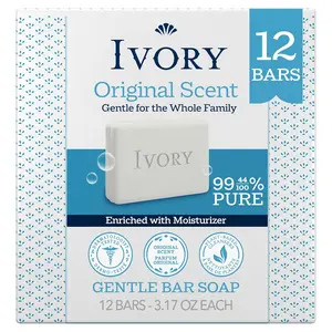 Ivory Gentle Bar Soap, Designed for Whole Family, 99.44% Pure Formula, Plant-Based Cleanser, Made Without Heavy Perfumes, Parabens & Phthalates, for All Skin Types, Original Scent, 3.17 oz (12 Count)