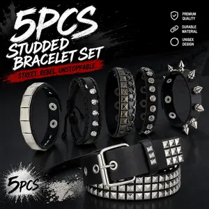 Black Rivet Studded Belt & Cuff Bracelet Set – Punk Rock Spiked Belt, Y2K Goth Grunge Wrist Cuff – Unisex Emo Hardware Accessories for Jeans, Leather Jacket, Festival Outfits
