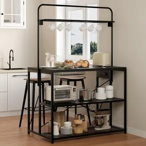 Kitchen Island with Storage, 3-Tier Bakers Rack with Power Outlet, Microwave Stand with 8 Hooks, 1.2" Thickened Tabletop, Large Coffee Bar Table, Black, 47"x28"x71"