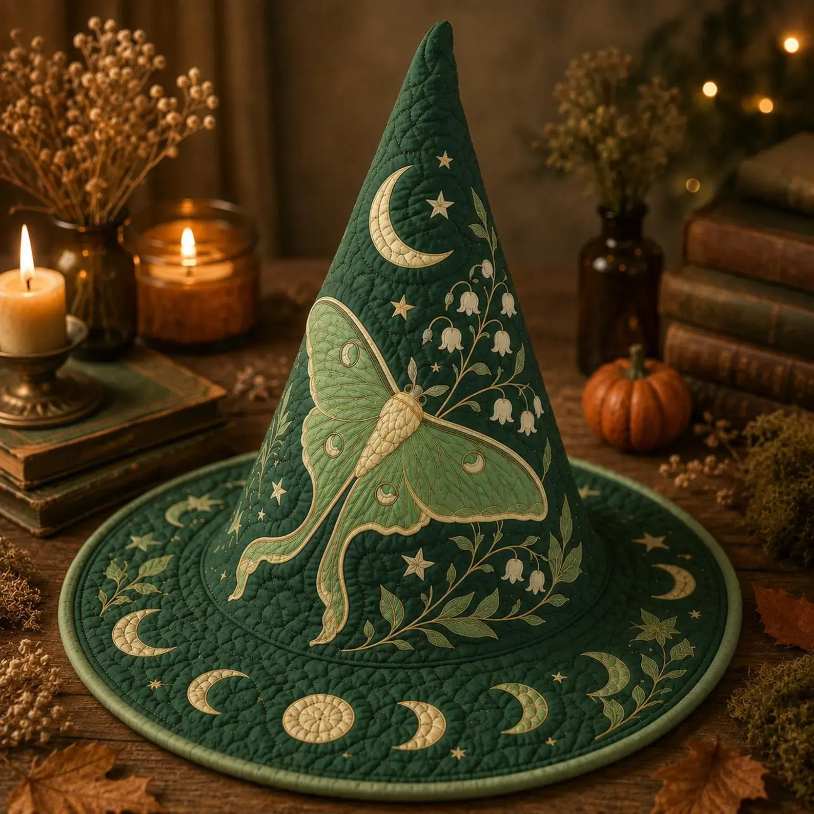 Luna Moth Quilted Witch Hat, Celestial Moon Phase Halloween Decor, Cottagecore Witchy Home Accent, Handmade Fabric Hat, Wiccan Gift