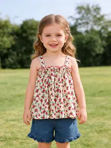 Girls Summer Floral Strapless Set, New Arrival Small Flower Top & Denim Wood Trim Shorts, Baby Fashion Casual Two-Piece, Baby Clothing, Outfits